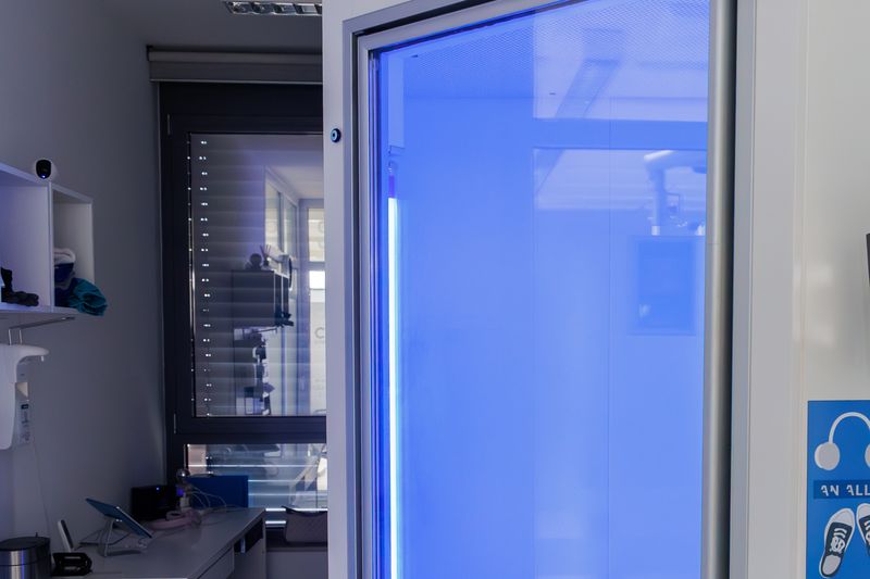 Eingang der Ganzkörper-Kältekammer des Partners CRYO°C mit blau leuchtender Glastür.